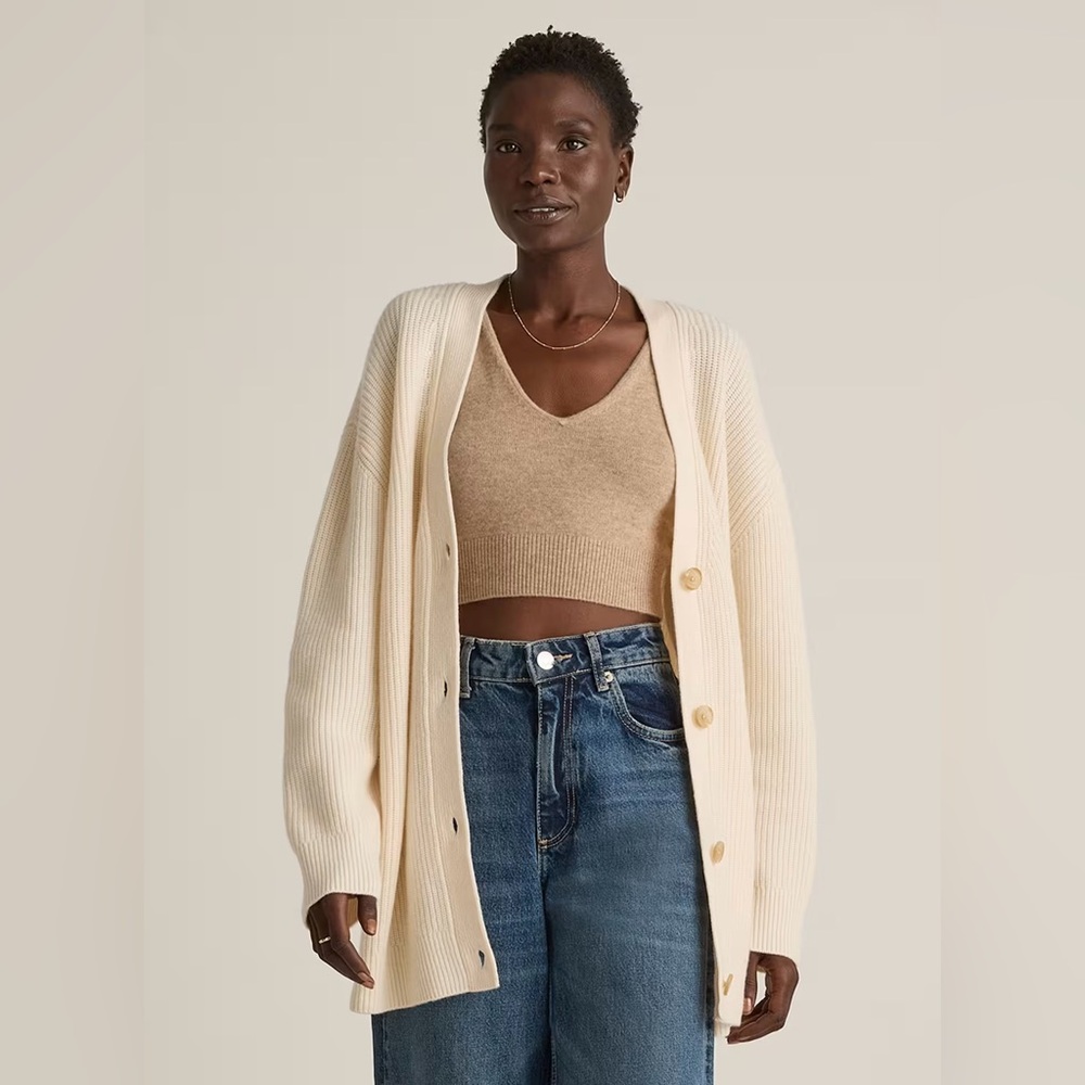 Quince Cream Ribbed Button-Up Cardigan
